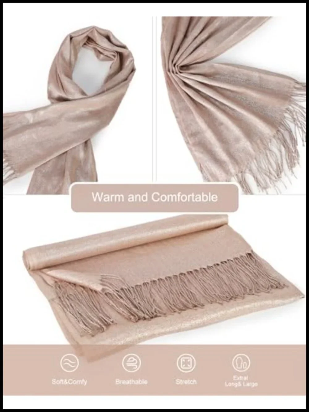 Women's Sparkly Metallic Chiffon Shawl Wrap with Fringe for Evening Dresses,